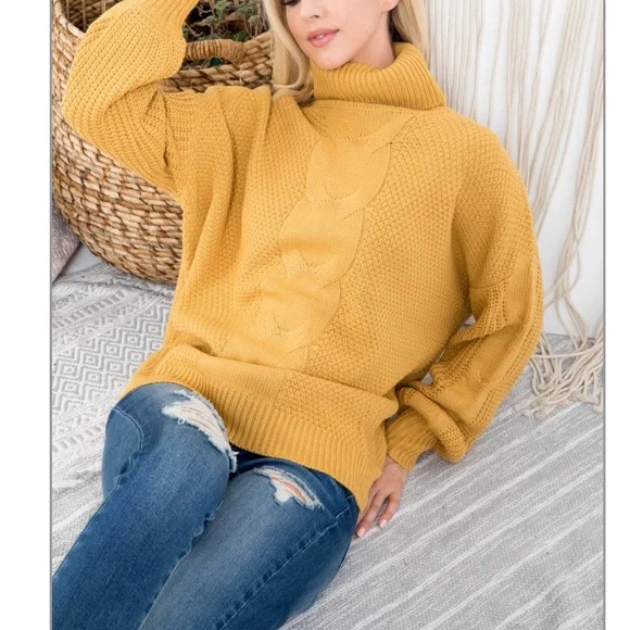 NWT Mustard Cableknit Turtleneck Sweater - Picture 3 of 14